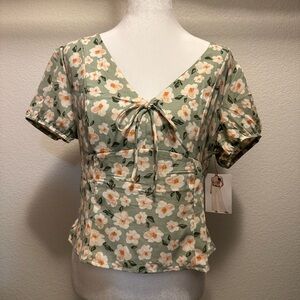 Bwear Sage Green Floral Tie-Front V-Neck Blouse